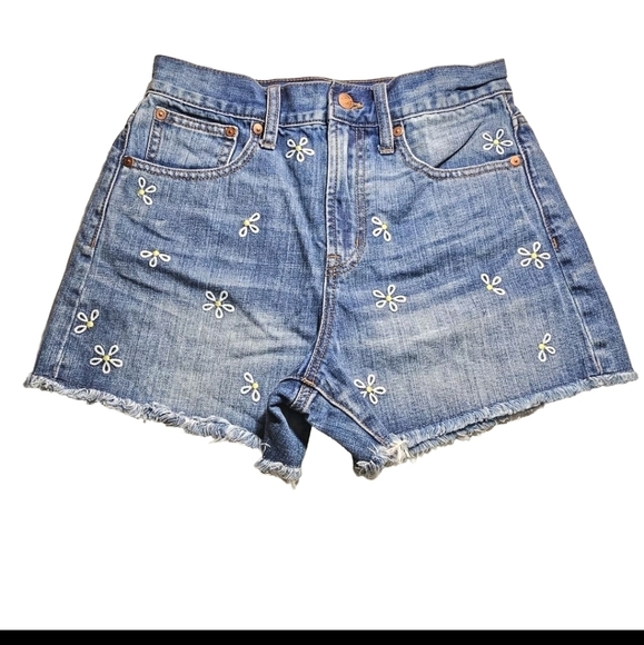 Madewell Women's Blue Denim Jean Floral Embroidered Cut Off  Shorts Size 26 - Picture 1 of 11